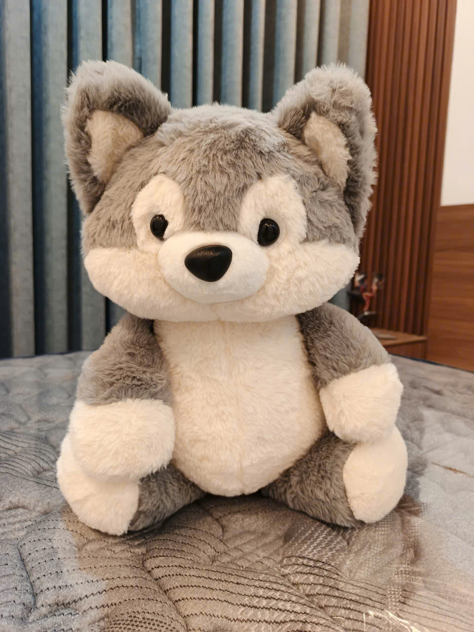 Gấu Bông Chó Husky Xám Ngồi Mặt Ngơ