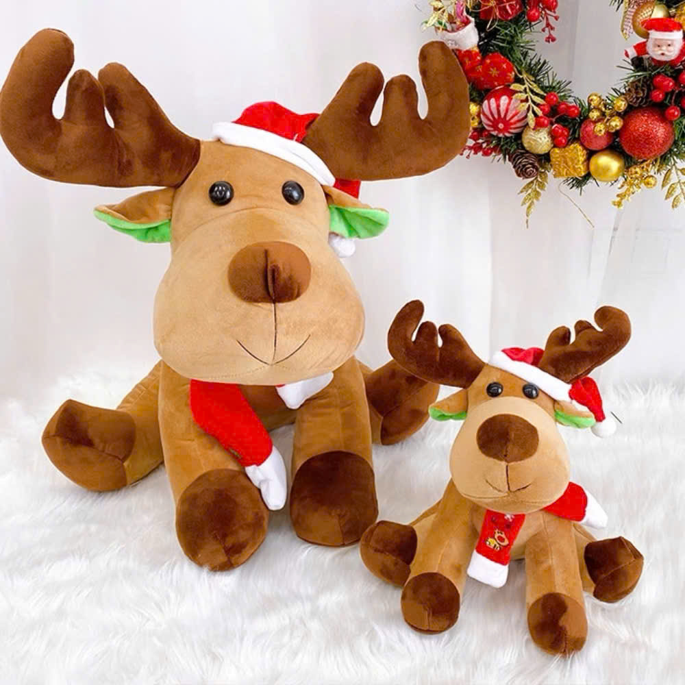 Gấu Bông Tuần Lộc Ngồi Đội Mũ Noel Sừng To
